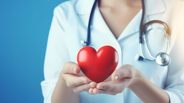 Photo médecine féminine avec sthétoscope tenant le coeur rouge