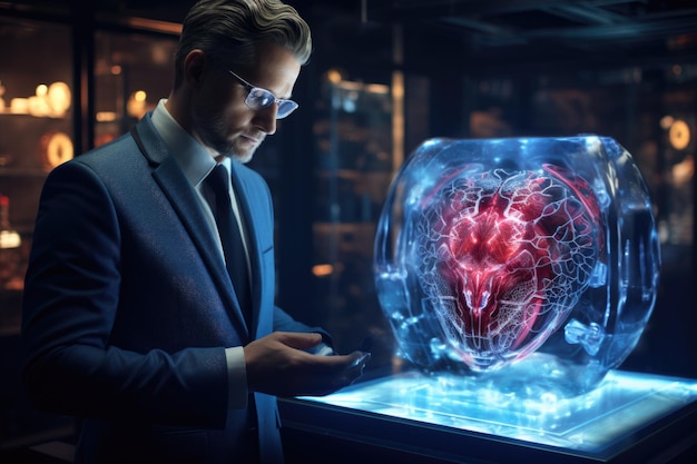 Médecine futuriste traitement chirurgical technologie scientifique hologramme écran adn réalité virtuelle réalisation hautement scientifique plaque holographique numérique technologique représenté corps coeur poumons