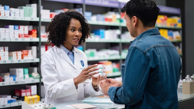 Médecine pharmaceutique soins de santé et concept de personnes pharmacienne conseille l'acheteur