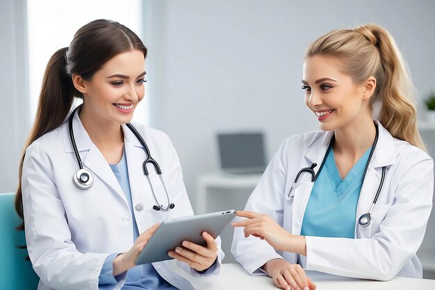 médecine soins de santé et concept de personnes médecin féminin avec tablette PC ordinateur en train de parler à une femme patient souriante à l'hôpital