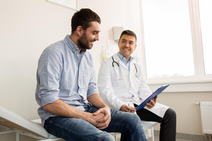 Photo médecine, soins de santé et concept de personnes, médecin souriant avec un bloc-notes et jeune homme rencontrant un patient à l'hôpital