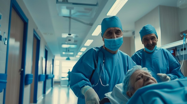 Photo les médecins et les ambulanciers poussent une civière avec une femme âgée et parlent avec elle le médecin vérifie le moniteur de fréquence cardiaque sur la main du patient