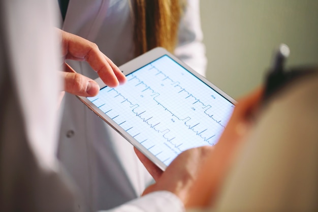 Médecins discutant du cardiogramme du patient sur la tablette.