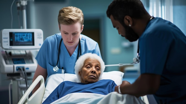Photo des médecins donnent des conseils à une femme âgée allongée sur un lit d'hôpital.
