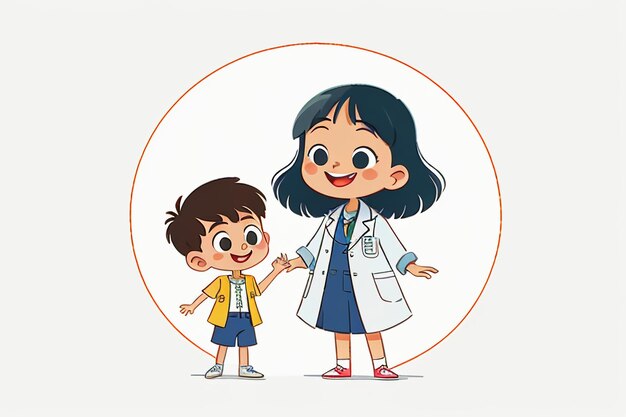 Médecins et enfants expliquant le contenu de la promotion des connaissances cartoon anime wallpaper background