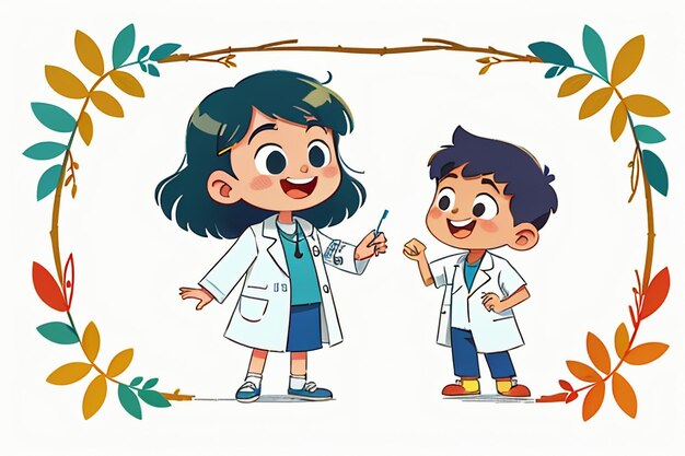 Médecins et enfants expliquant le contenu de la promotion des connaissances cartoon anime wallpaper background