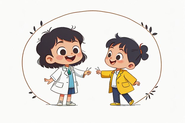 Médecins et enfants expliquant le contenu de la promotion des connaissances cartoon anime wallpaper background