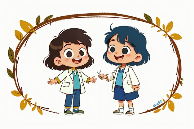 Médecins et enfants expliquant le contenu de la promotion des connaissances cartoon anime wallpaper background