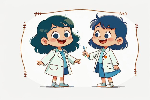 Médecins et enfants expliquant le contenu de la promotion des connaissances cartoon anime wallpaper background