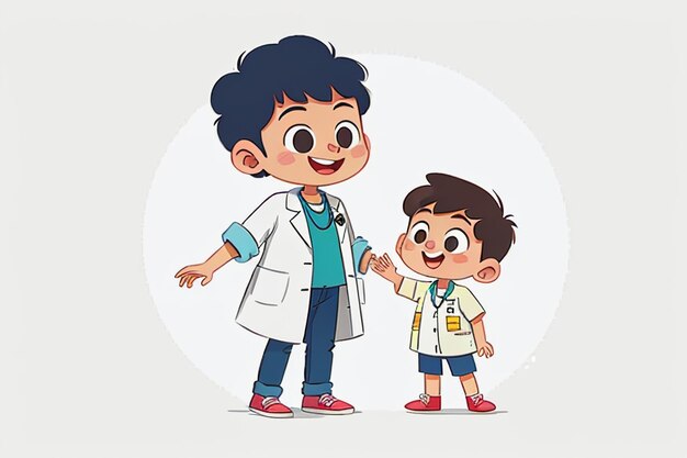 Médecins et enfants expliquant le contenu de la promotion des connaissances cartoon anime wallpaper background