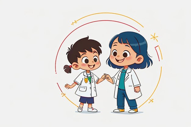 Médecins et enfants expliquant le contenu de la promotion des connaissances cartoon anime wallpaper background