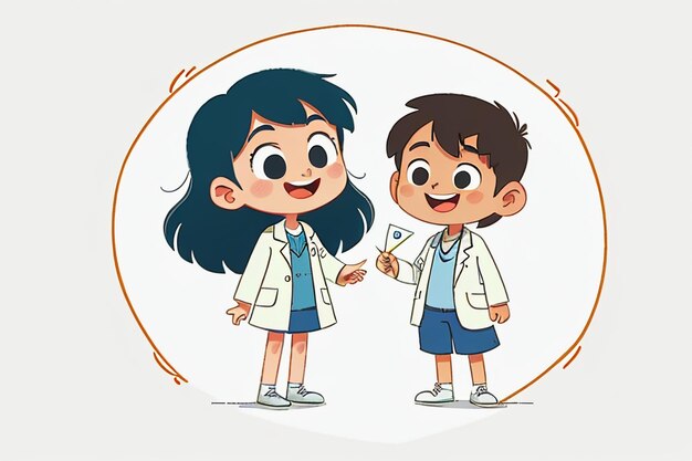 Médecins et enfants expliquant le contenu de la promotion des connaissances cartoon anime wallpaper background