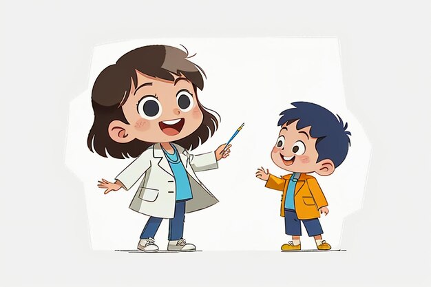 Médecins et enfants expliquant le contenu de la promotion des connaissances cartoon anime wallpaper background
