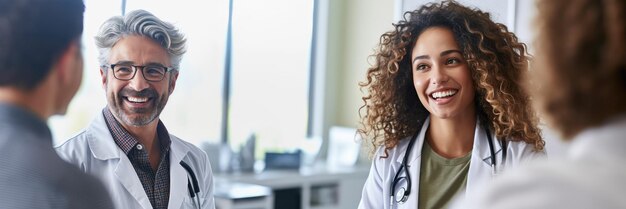 Photo des médecins expérimentés partagent une consultation chaleureuse et intéressante avec des patients rayonnant de soins et d'expertise.