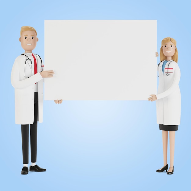 Médecins. Médecins spécialistes homme et femme tenant une affiche vierge. Illustration 3D en style cartoon.