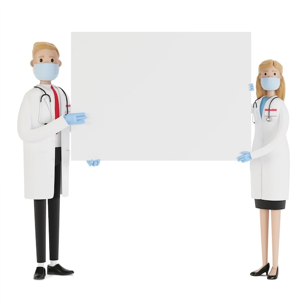 Médecins. Médecins spécialistes homme et femme tenant une affiche vierge. Illustration 3D en style cartoon.