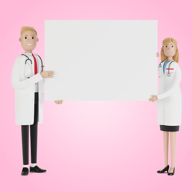 Médecins. Médecins spécialistes homme et femme tenant une affiche vierge. Illustration 3D en style cartoon.