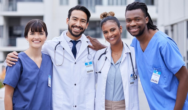 Médecins de la santé et portrait d'un câlin pour l'équipe médicale de soins infirmiers et de plein air de Medicine City Soutien heureux et travail d'équipe pour la santé collaboration solidarité et travail ensemble au Portugal