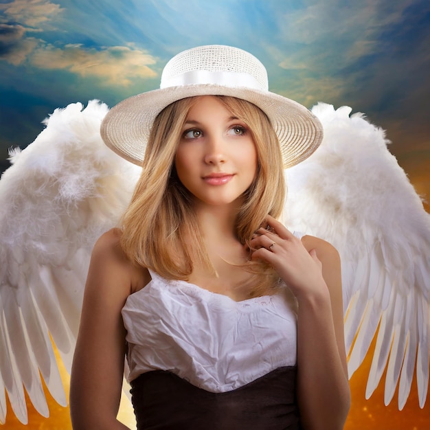 Photo médias mixtes d'une belle femme blonde dans un chapeau et avec des ailes d'ange blanches