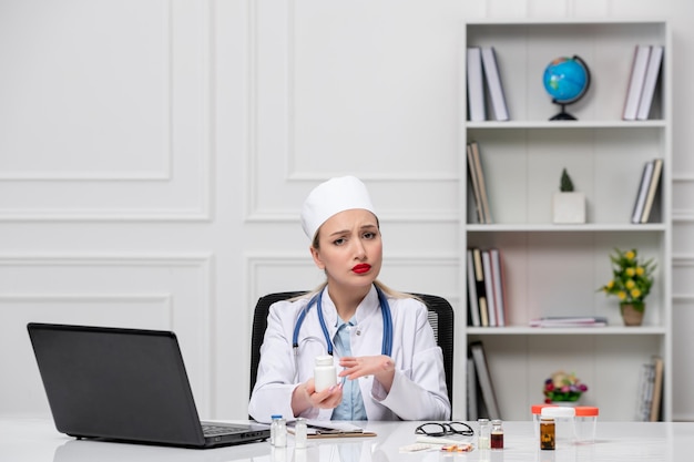 Medical beau docteur mignon en blouse blanche d'hôpital et chapeau avec ordinateur avec des pilules blanches