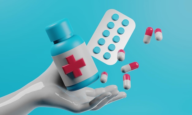 Médicament pour les pilules du patient capsule de médecine pour les soins de santé à l'hôpital assurance médicale et de traitement rendu d'illustration 3d