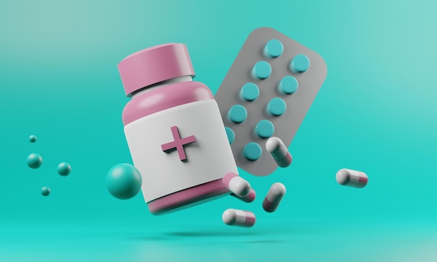 Médicament pour les pilules du patient capsule de médecine pour les soins de santé à l'hôpital assurance médicale et de traitement rendu d'illustration 3d