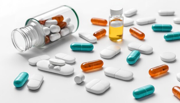 Médicament sur la table Pilules et comprimés sur fond blanc Concept médical
