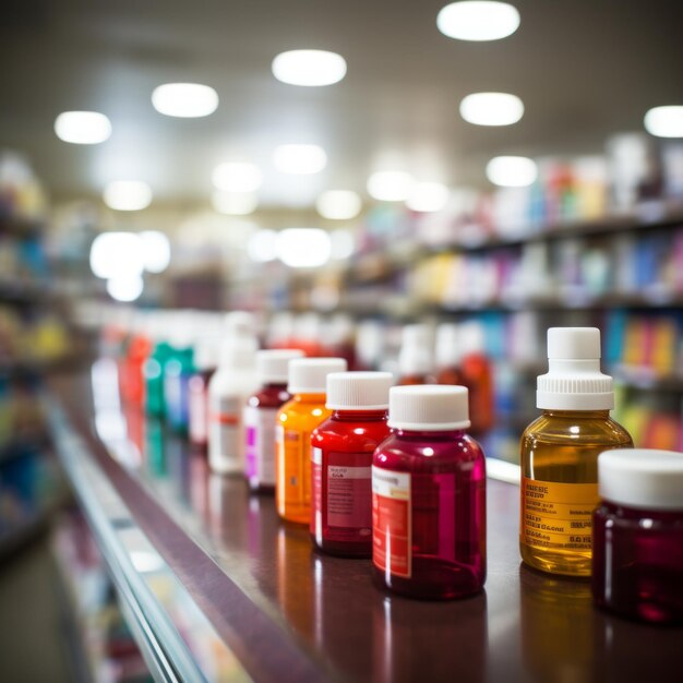 Photo des médicaments sur le comptoir sur une étagère de pharmacie