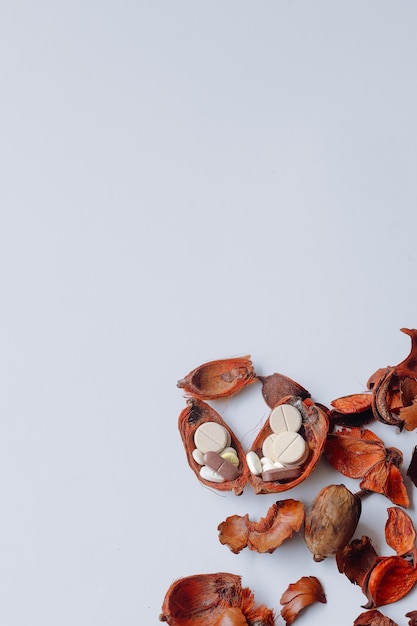 Médicaments dans des fleurs séchées orange au coin sur fond blanc Copier l'espace pour les soins de santé