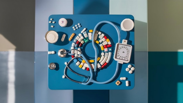 Photo des médicaments et des fournitures médicales placés sur un bleu