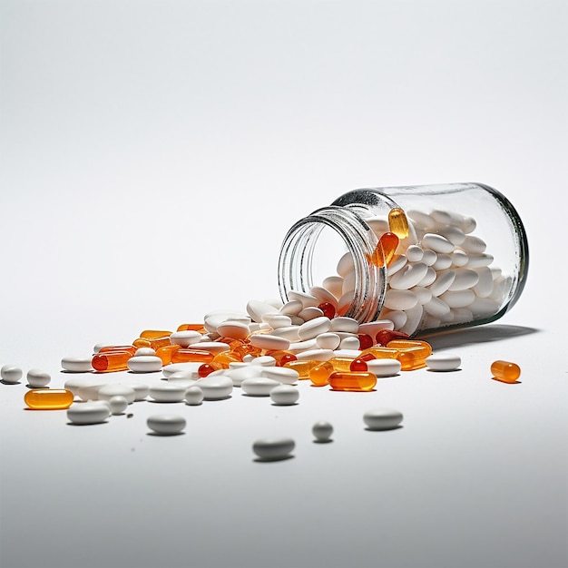 Médicaments en pilules dans un bocal au-dessus de la table générée par l'IA