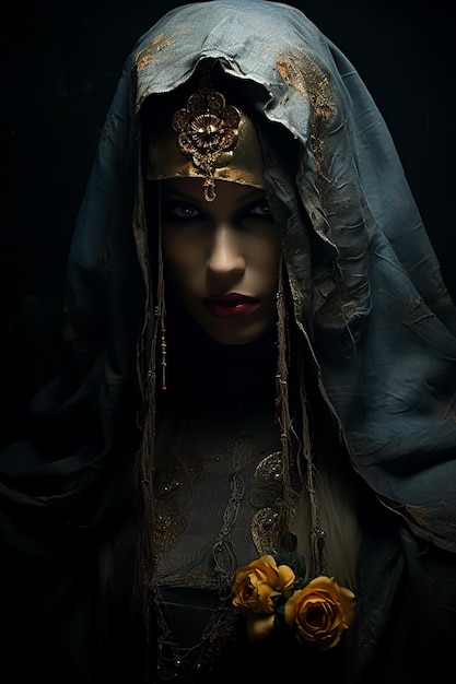 médiévale à capuche Fille de mode voilée mode sombre horreur sorcière masquée Attrayant chaud Détails du visage
