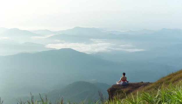 Photo méditation au lever du soleil au-dessus de la chaîne de montagnes brumeuse