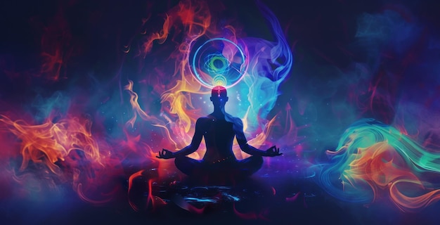 Méditation cosmique avec silhouette contre des ondes d'énergie colorées et des chakras Pose de lotus de yoga