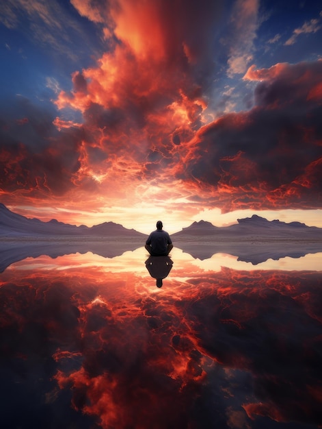 méditation dans le désert au milieu du lac miroir