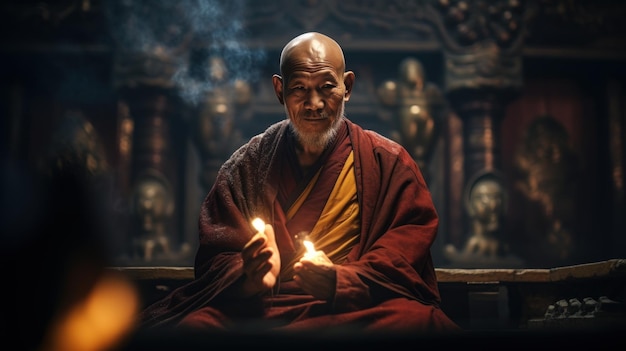 La méditation dramatique d'un moine tibétain dans le temple