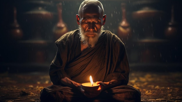 La méditation dramatique d'un moine tibétain dans le temple