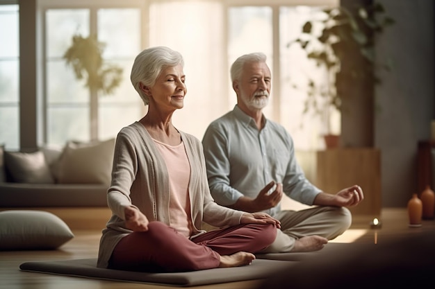 Méditation de groupe dans un studio de yoga serein, des hommes et des femmes âgés s'engageant dans des exercices de respiration.