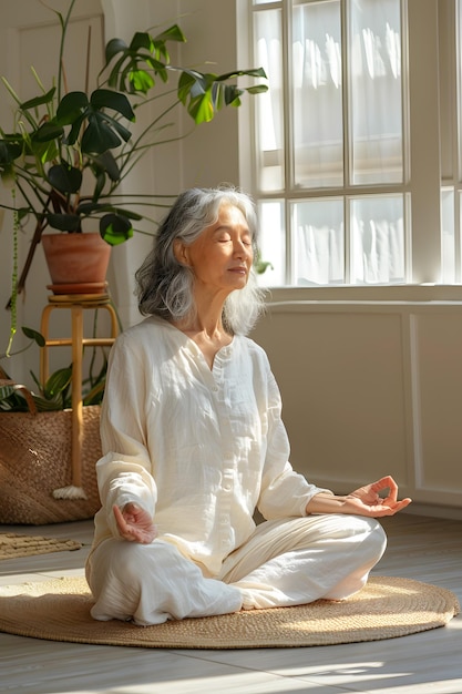 Méditation matinale paisible avec une femme asiatique d'âge moyen