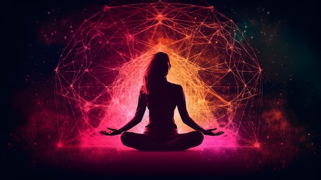 Méditation mystique Une femme en pose de lotus canalise l'énergie cosmique sur fond positif abstrait
