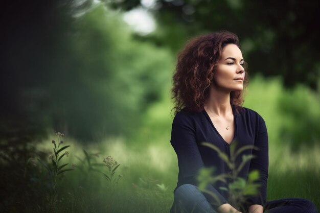 Méditation de paix et de concentration dans une femme en plein air pour le yoga zen ou la pleine conscience créée avec l'AI générative