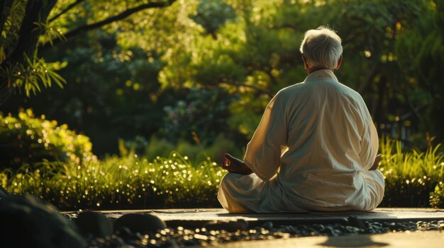 La méditation des personnes âgées Cultivant la paix intérieure dans un jardin serein pour un vieillissement en bonne santé et un bien-être
