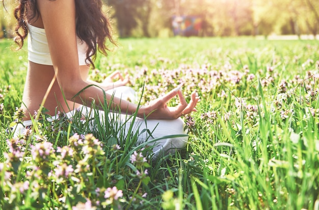 La Méditation De Yoga Dans Un Parc Sur L'herbe Est Une Femme En Bonne Santé Au Repos.