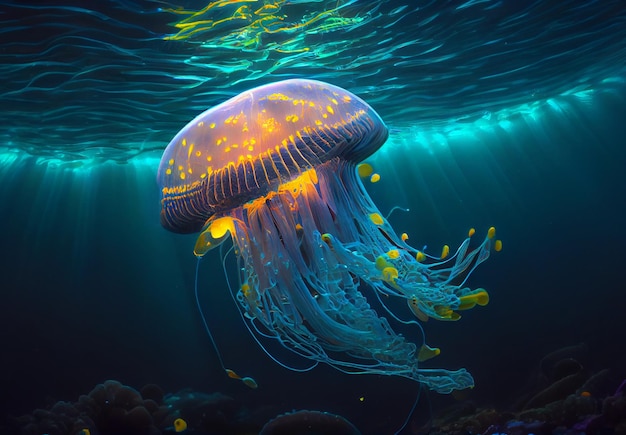 Méduse au néon dans la méduse lueur bleue de la mer