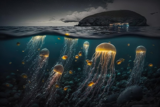 Méduse bioluminescente magique brillant dans l'eau