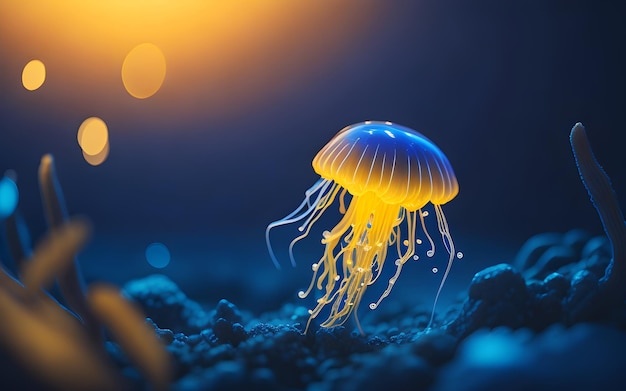 Méduse bleue brillante dans l'océan sous-marin