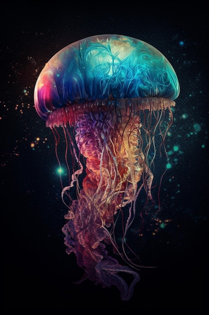 Une méduse colorée avec un motif arc-en-ciel