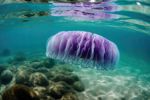 Méduse de couleur rare à rayures violettes gros plan fond sombre généré par l'IA faune océanique marine