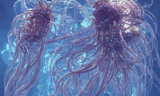 Méduse cyberpunk dans la mer Tubes et pièces mécaniques de tentacules de méduses illustration 3d