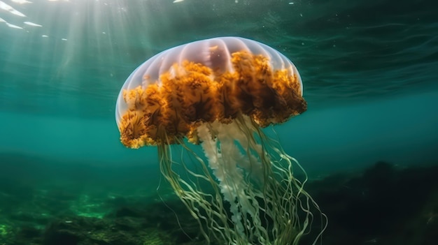 Une méduse dans l'eau avec le soleil qui brille dessus